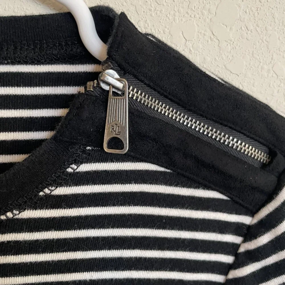 Ralph Lauren Medium Black White Striped Ribbed Long Sleeve Top 100% Cotton - Picture 5 of 8